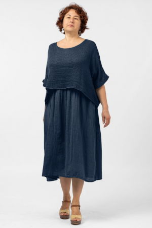 Rochii Casual - Rochie suprapusa cu bluza plasa, din bumbac, bleumarin