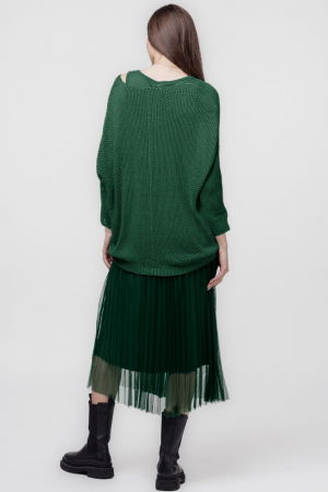 Rochie suprapusa cu puloveras cu maneca lunga si tulle plisat, verde inchis [2]