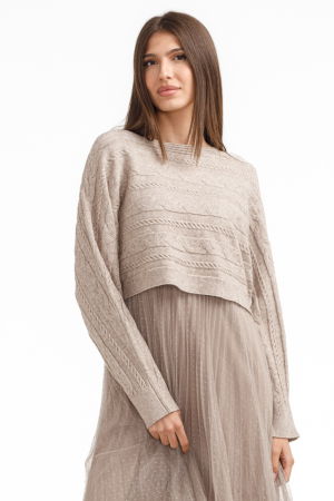 Rochie suprapusa din tulle cu bulinute cu puloveras cu model, bej inchis [2]