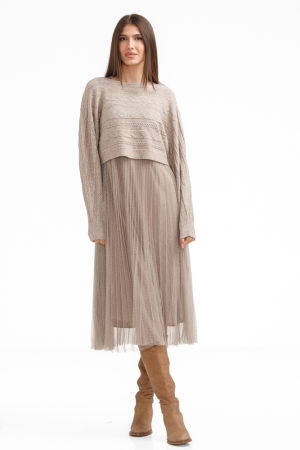Rochii Casual - Rochie suprapusa din tulle cu bulinute cu puloveras cu model, bej inchis