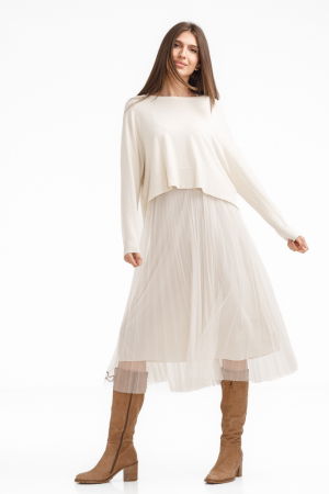 Rochii Casual - Rochie suprapusa din tulle  cu puloveras despicat la spate, bej ivoire
