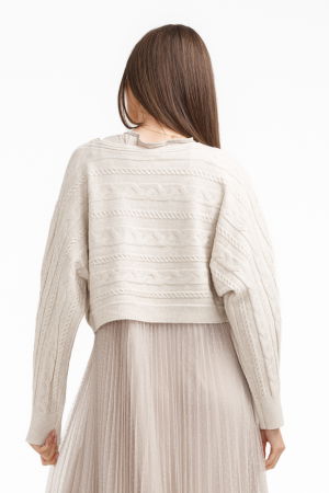 Rochie suprapusa din tulle cu bulinute cu puloveras cu model, bej deschis [3]