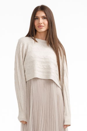 Rochie suprapusa din tulle cu bulinute cu puloveras cu model, bej deschis [1]