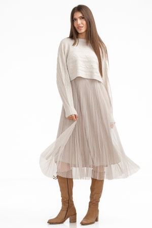 Rochii Casual - Rochie suprapusa din tulle cu bulinute cu puloveras cu model, bej deschis