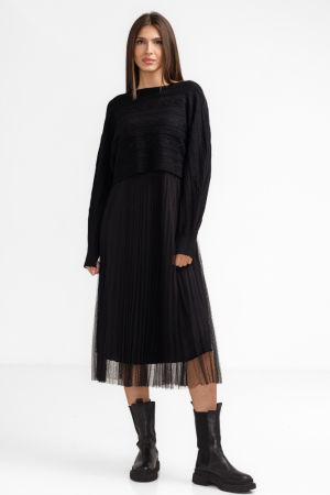 Rochie suprapusa din tulle cu bulinute cu puloveras cu model, neagra [1]