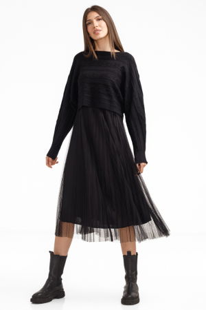 Rochii Casual - Rochie suprapusa din tulle cu bulinute cu puloveras cu model, neagra