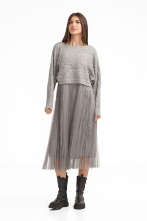 Rochii Casual - Rochie suprapusa din tulle cu bulinute cu puloveras cu model, gri
