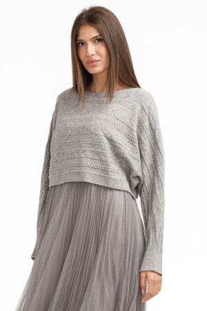 Rochie suprapusa din tulle cu bulinute cu puloveras cu model, gri [2]