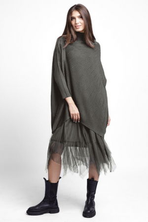 Rochii Casual - Rochie suprapusa din tulle, cu pulover oversize cu raze, gri