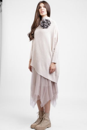 Rochie suprapusa din tulle, cu pulover oversize cu raze, bej [3]