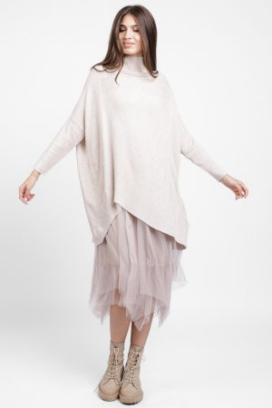 Rochii Casual - Rochie suprapusa din tulle, cu pulover oversize cu raze, bej