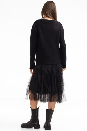 Rochie suprapusa din tulle cu volane cu pulover asimetric cu fermoar, neagra [3]