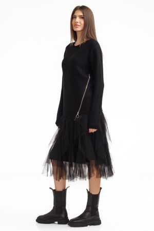 Rochie suprapusa din tulle cu volane cu pulover asimetric cu fermoar, neagra [2]