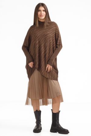 Rochii Casual - Rochie suprapusa din tulle  cu pulover asimetric, maro