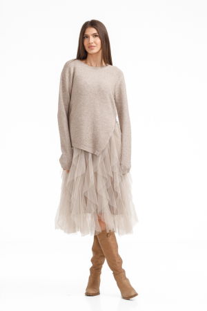 ÎMBRĂCĂMINTE - Rochie suprapusa din tulle cu volane cu pulover asimetric cu fermoar, bej
