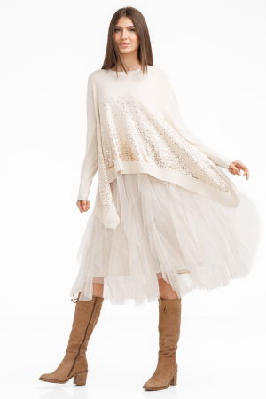 Rochii Casual - Rochie suprapusa din tulle, cu pulover in colturi oversize cu ploaie de paiete, bej