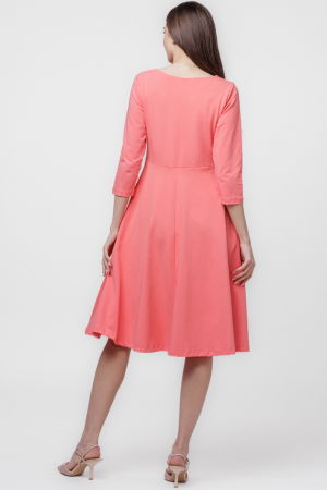 Rochie clos, taiata in talie, cu buzunare ascunse, din bumbac, corai cu imprimeu floare stilizata [2]