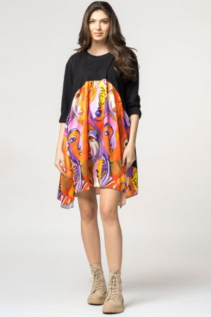 Rochii Casual - Rochie trendy cu imprimeu chipuri predominant portocaliu, din bumbac