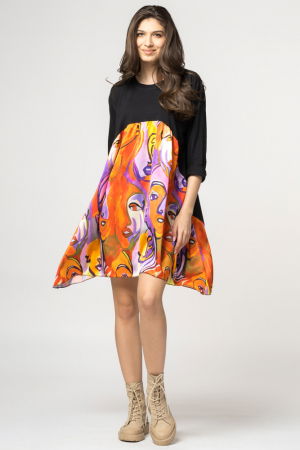 Rochie trendy cu imprimeu chipuri predominant portocaliu, din bumbac [1]