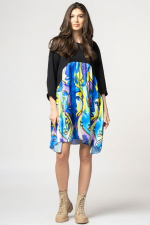 Rochii Casual - Rochie trendy cu imprimeu chipuri predominant albastru electric, din bumbac