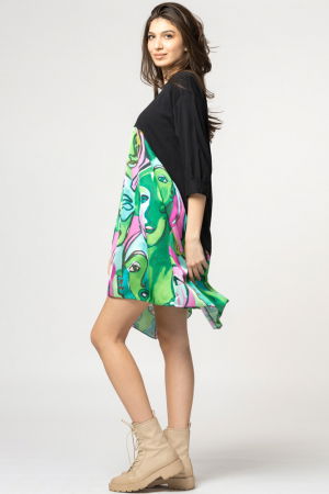 Rochie trendy cu imprimeu chipuri predominant verde, din bumbac [2]