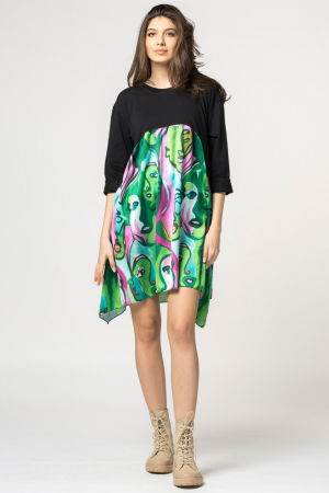 Rochii din Jerseu - Rochie trendy cu imprimeu chipuri predominant verde, din bumbac