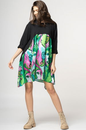 Rochie trendy cu imprimeu chipuri predominant verde, din bumbac [1]