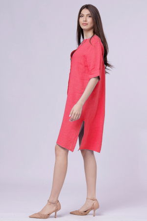 Rochie tunica din in fucsia, cu nasture metalic decorativ [1]