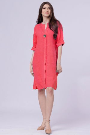 Rochii din In - Rochie tunica din in fucsia, cu nasture metalic decorativ