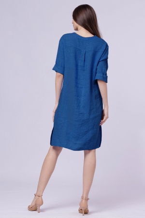 Rochie tunica din in albastru electric, cu nasture metalic decorativ [2]