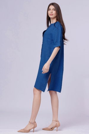 Rochie tunica din in albastru electric, cu nasture metalic decorativ [1]