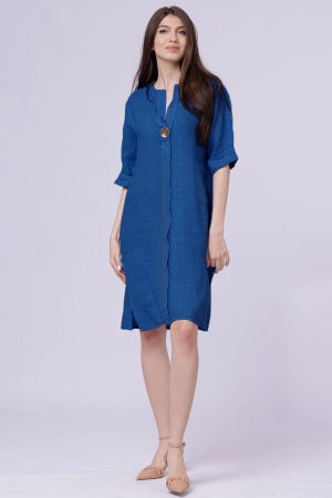 Rochii din In - Rochie tunica din in albastru electric, cu nasture metalic decorativ