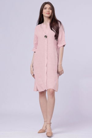 Rochii din In - Rochie tunica din in roz prafuit, cu nasture metalic decorativ