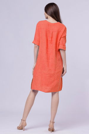 Rochie tunica din in corai, cu nasture metalic decorativ [2]