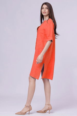 Rochie tunica din in corai, cu nasture metalic decorativ [1]