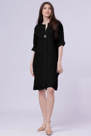 Rochii din In - Rochie tunica din in neagra, cu nasture metalic decorativ