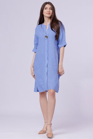 Rochii din In - Rochie tunica din in bleu, cu nasture metalic decorativ