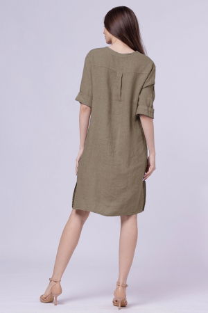 Rochie tunica din in bej inchis, cu nasture metalic decorativ [2]