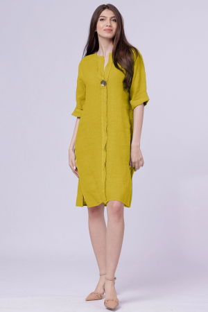 Rochii din In - Rochie tunica din in galbena, cu nasture metalic decorativ