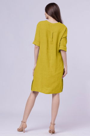 Rochie tunica din in galbena, cu nasture metalic decorativ [2]