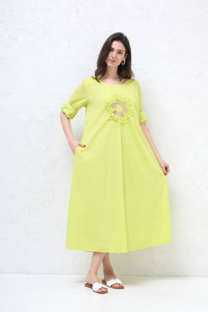 Rochii Casual - Rochie lunga A-line cu floare paiete aurii mate, din poplin de bumbac, verde lime