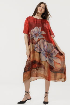 Rochie bordo eleganta satinata A-line cu croiala lejera si imprimeu floral [1]