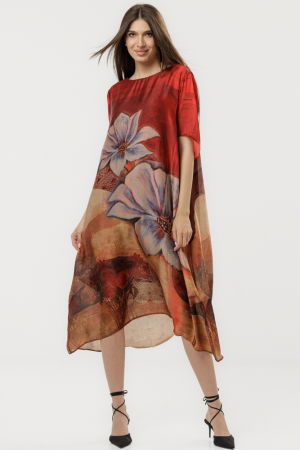 Rochii - Rochie bordo eleganta satinata A-line cu croiala lejera si imprimeu floral