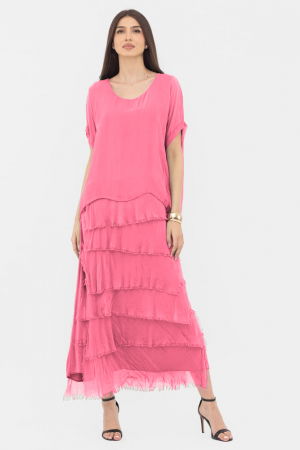 Rochie roz din matase si vascoza cu  volane franjurate suprapuse [1]