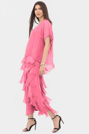 Rochii Elegante & Office - Rochie roz din matase si vascoza cu  volane franjurate suprapuse