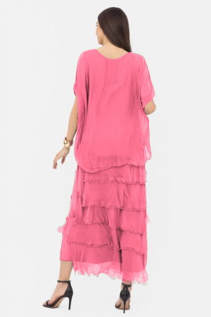 Rochie roz din matase si vascoza cu  volane franjurate suprapuse [2]