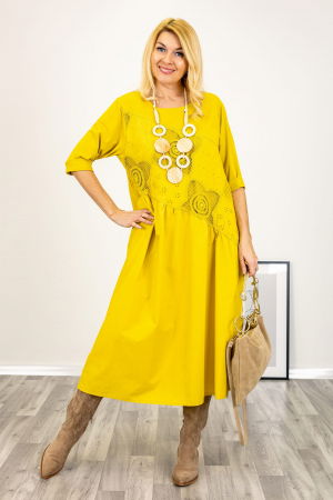 Rochie galbena oversize, cu taietura oblica si broderie, din poplin si jerseu [2]
