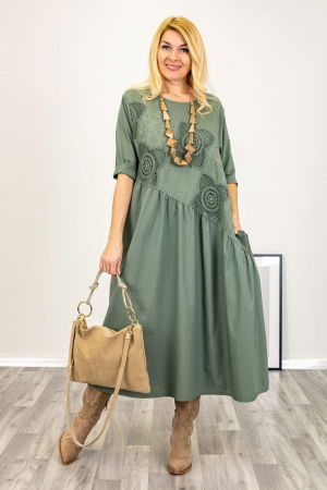 Rochii Casual - Rochie kaki oversize,  cu taietura oblica si broderie, din poplin si jerseu