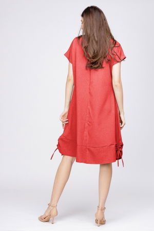 Rochie uni `A line` din in mercerizat corai, cu sireturi laterale [2]