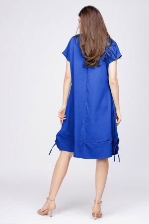 Rochie uni `A line` din in mercerizat albastru electric, cu sireturi laterale [2]